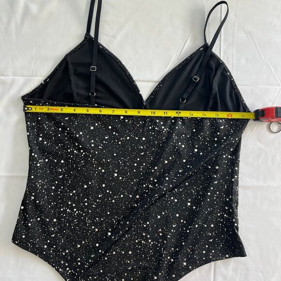 Women’s Plus Size 1XL Black Bodysuit Silver Accent Dotted One Piece - Picture 5 of 10